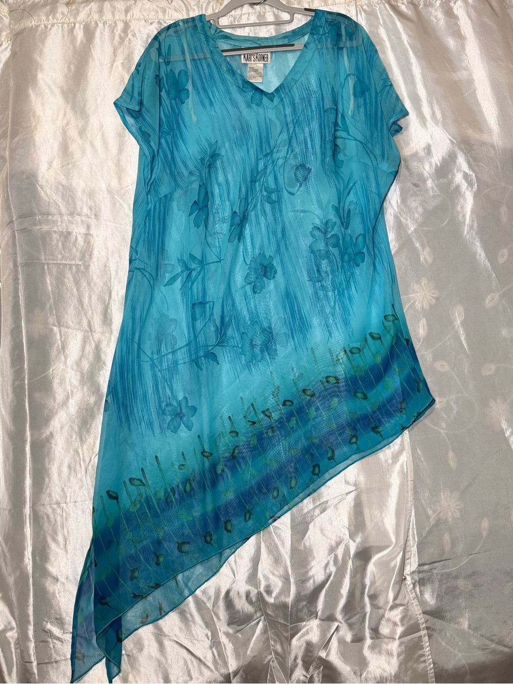 VTG Kari's Korner Asymmetrical Tunic Sheer Blue Floral Top Sz L Whimsigoth Boho
